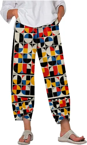 Capri Pants Casual Summer Printed Cropped Linen Blend Comfy Baggy Trousers with Pockets Wide Leg Pants Woman