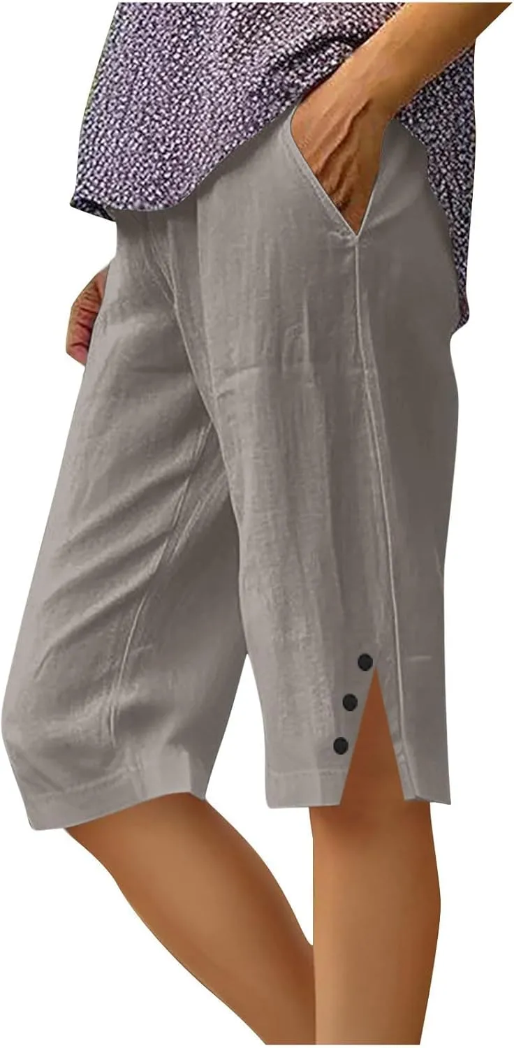 Capri Pants for Women 2025 Knee Length Cotton Linen Capris Summer Straight Leg Loose Beach Bermuda Shorts with Pocket