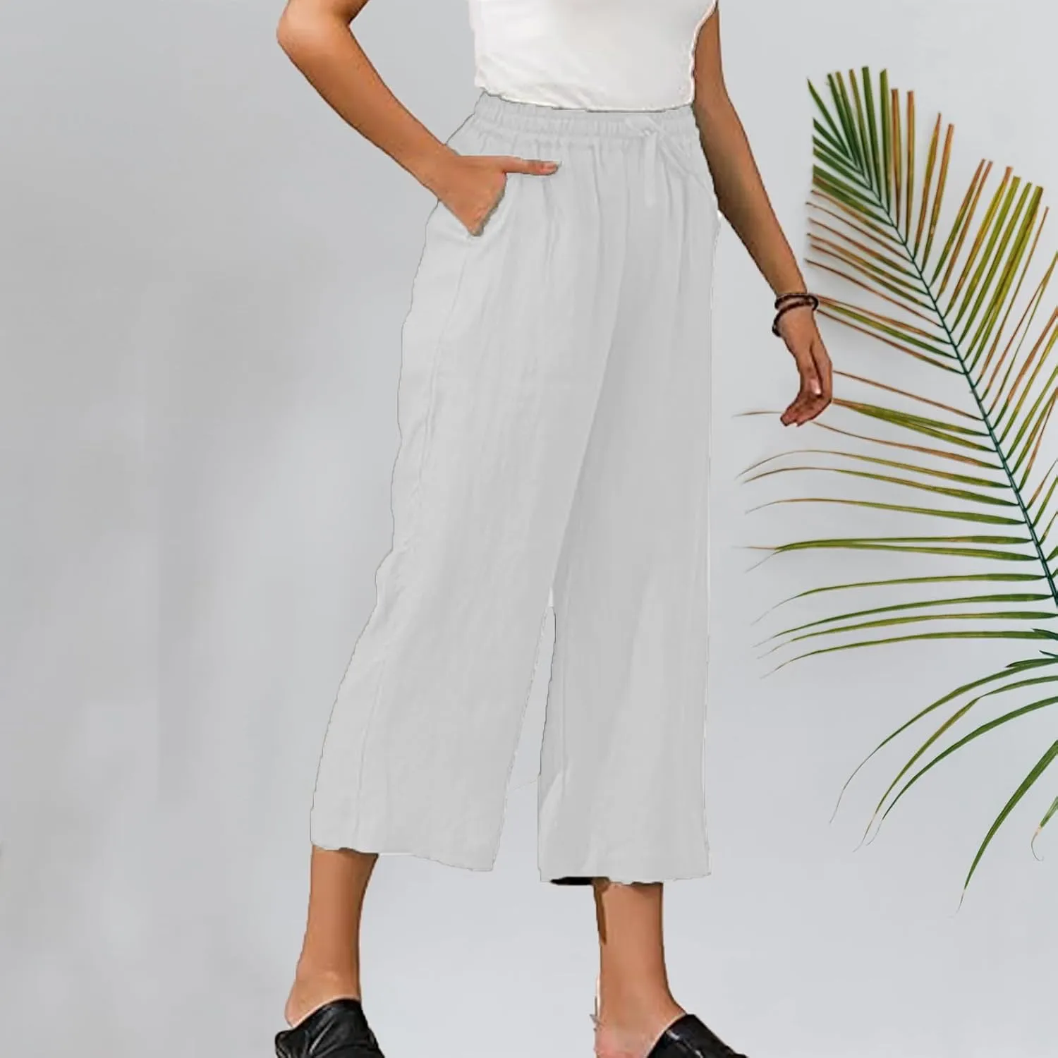 Capri Pants for Women 2025 Summer Drawstring Elastic High Waist Casual Capris Straight Wide Leg Cotton Linen Pants
