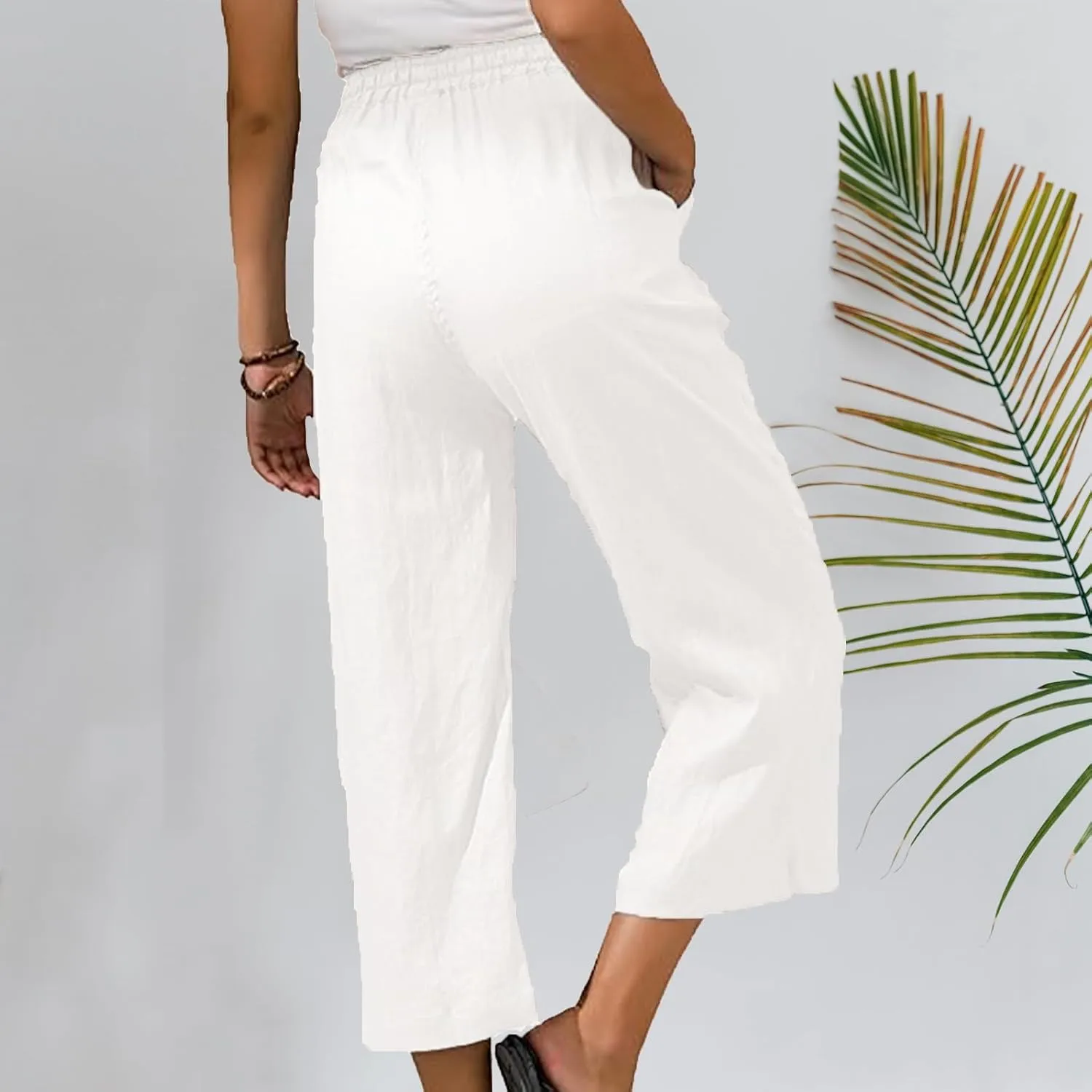 Capri Pants for Women 2025 Summer Drawstring Elastic High Waist Casual Capris Straight Wide Leg Cotton Linen Pants