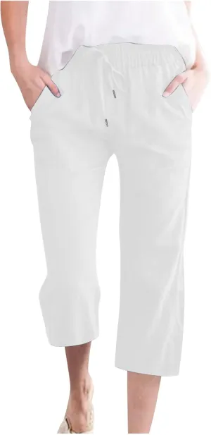 Capri Pants for Women 2025 Summer Drawstring Elastic High Waist Casual Capris Straight Wide Leg Cotton Linen Pants