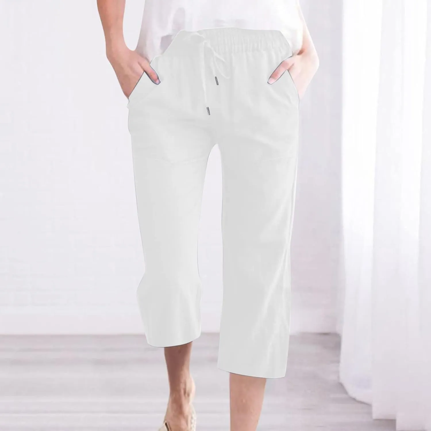 Capri Pants for Women 2025 Summer Drawstring Elastic High Waist Casual Capris Straight Wide Leg Cotton Linen Pants