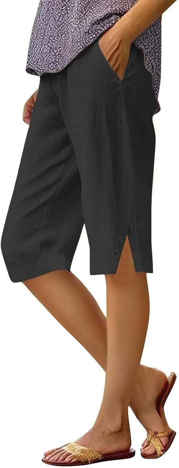 Capri Pants for Women Bermuda Shorts High Waisted Wide Leg Cropped Linen Pants Casual Palazzo Pant with Pockets