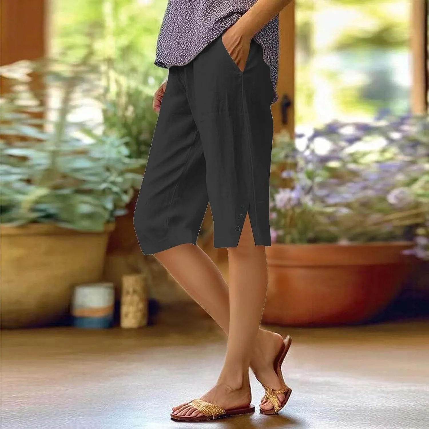 Capri Pants for Women Bermuda Shorts High Waisted Wide Leg Cropped Linen Pants Casual Palazzo Pant with Pockets