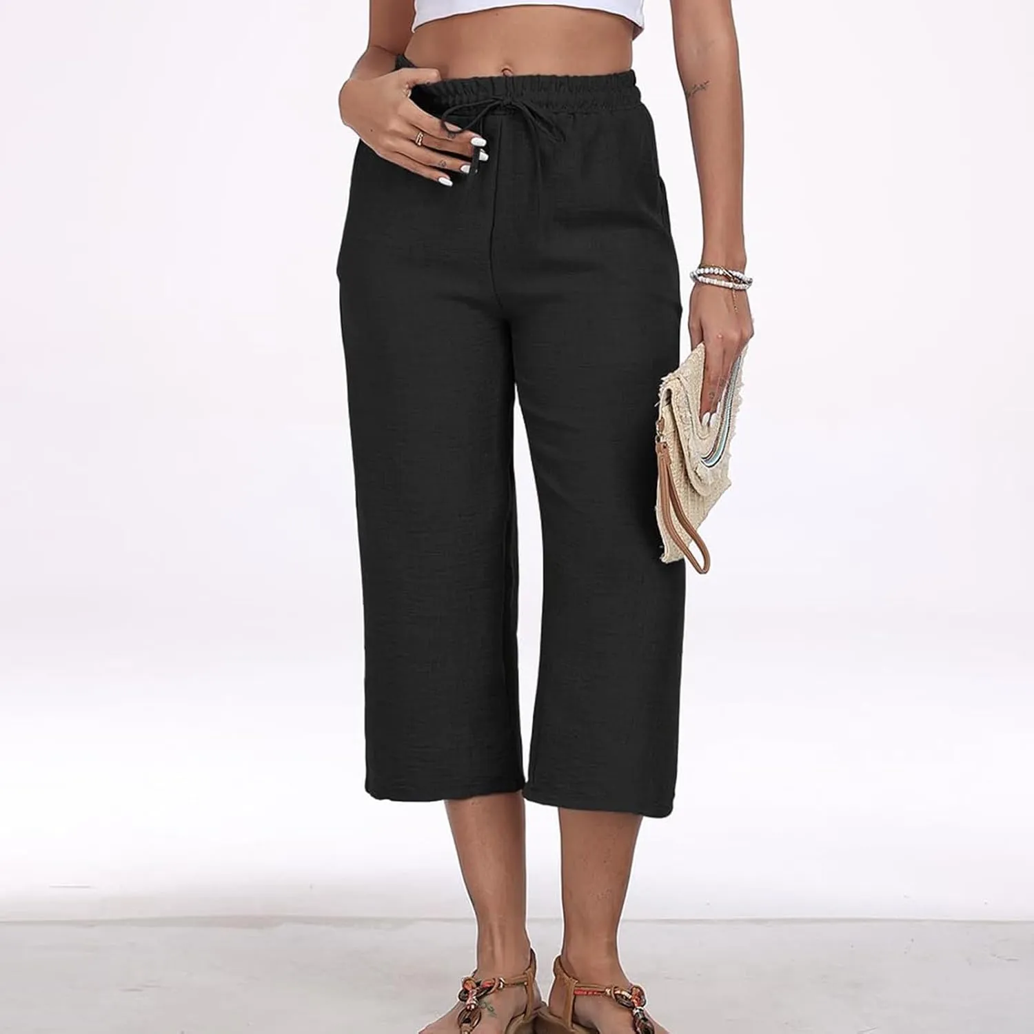 Capri Pants for Women Dressy Baggy Comfy Linen Capri Cropped pants High Waist Drawstring Casual Trouser with Pockets