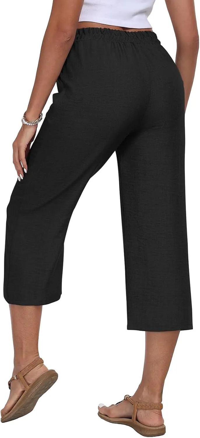 Capri Pants for Women Dressy Baggy Comfy Linen Capri Cropped pants High Waist Drawstring Casual Trouser with Pockets