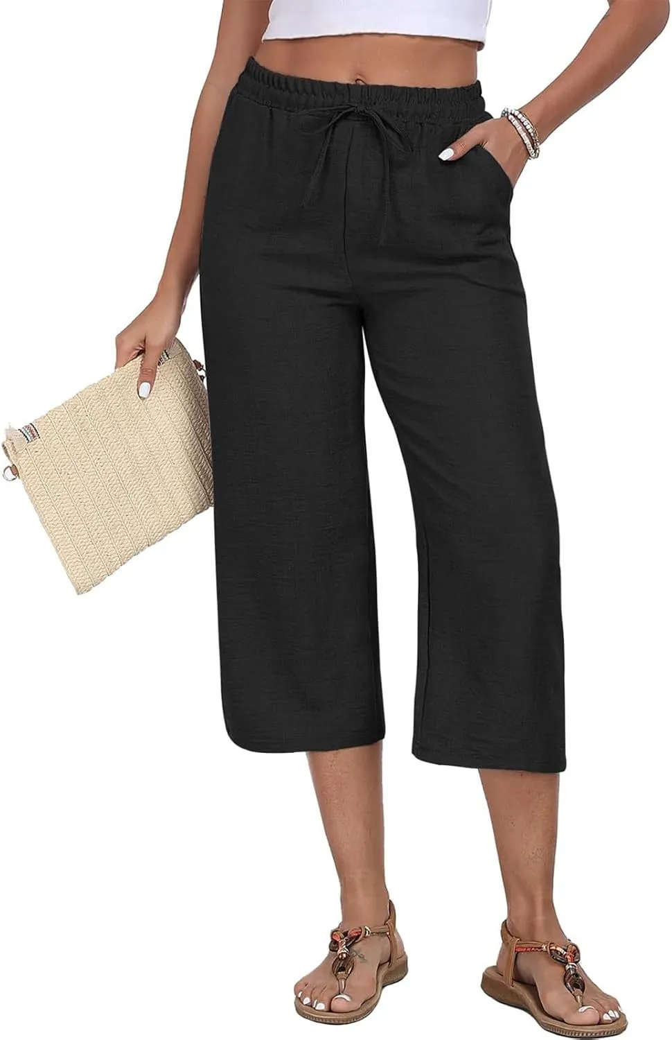 Capri Pants for Women Dressy Baggy Comfy Linen Capri Cropped pants High Waist Drawstring Casual Trouser with Pockets