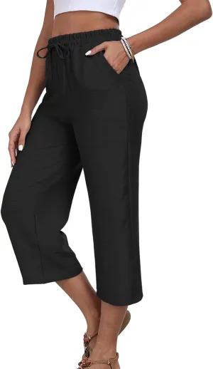 Capri Pants for Women Dressy Baggy Comfy Linen Capri Cropped pants High Waist Drawstring Casual Trouser with Pockets