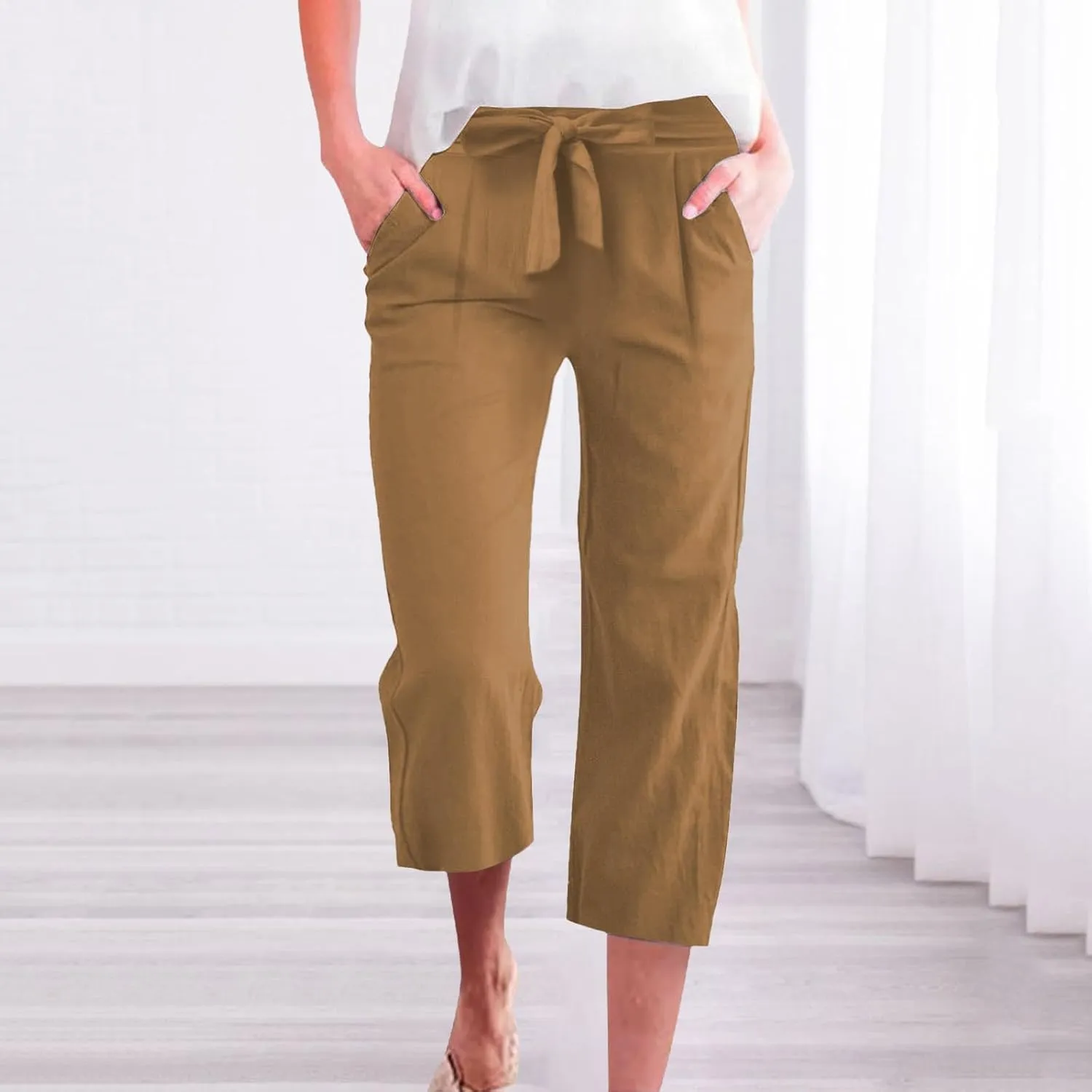 Capris Pants for Women Cotton Linen Casual Summer 2025 Straight Wide Leg Drawstring Elastic Waist Cropped Trouser