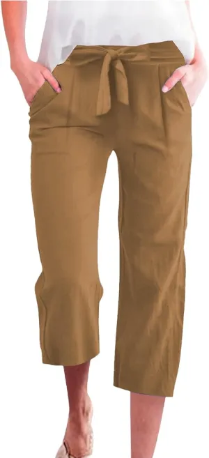 Capris Pants for Women Cotton Linen Casual Summer 2025 Straight Wide Leg Drawstring Elastic Waist Cropped Trouser