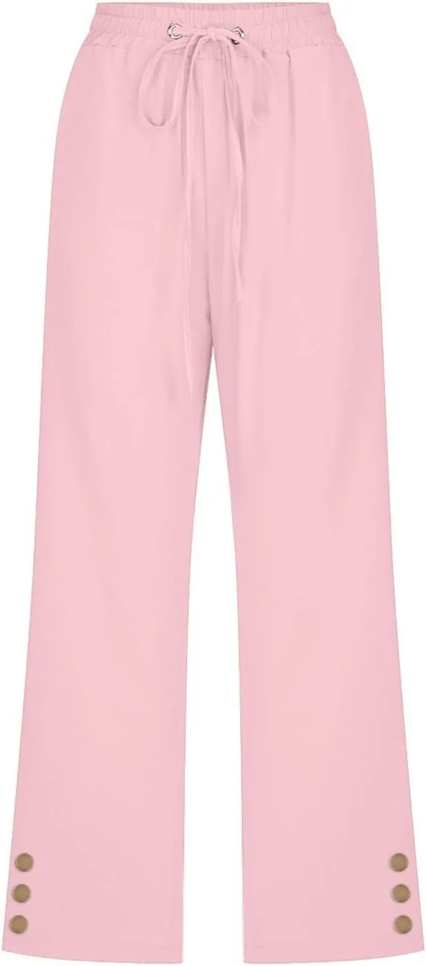 Capris Pants for Women Dressy Casual Cotton Linen Petite Short Straight Leg Elastic Waist Drawstring Pocket Trouser