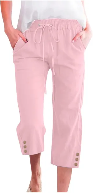 Capris Pants for Women Dressy Casual Cotton Linen Petite Short Straight Leg Elastic Waist Drawstring Pocket Trouser