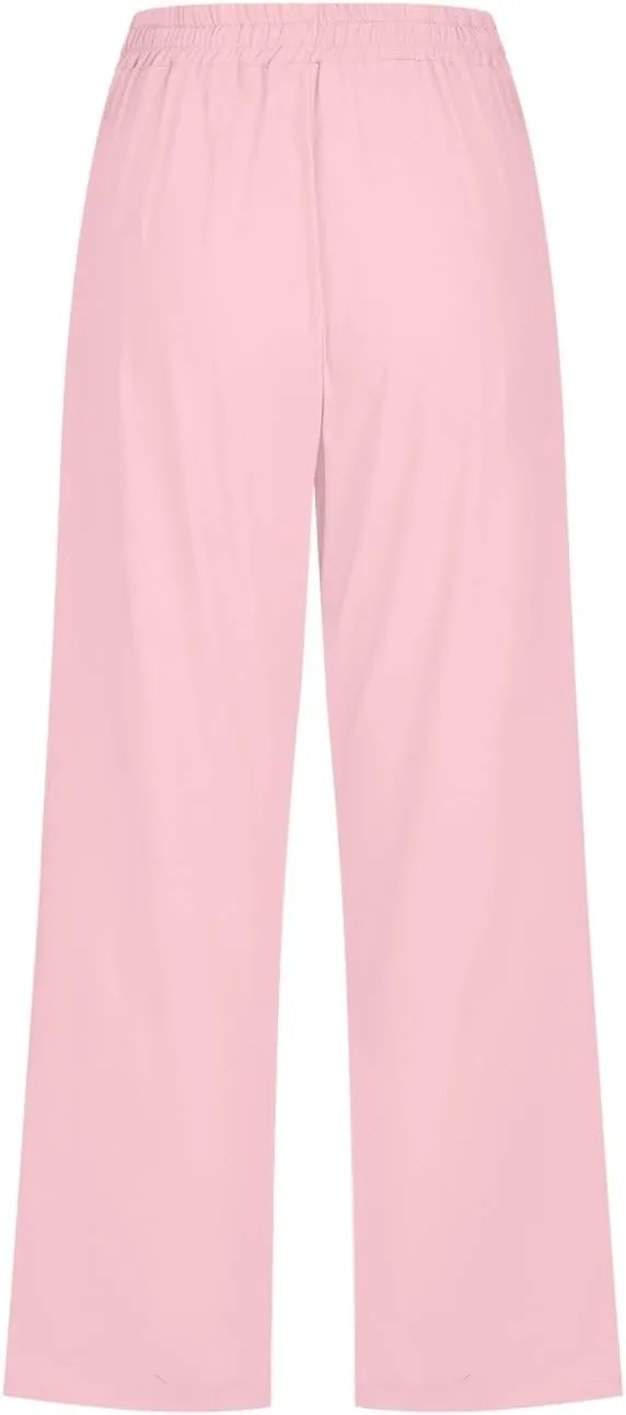 Capris Pants for Women Dressy Casual Cotton Linen Petite Short Straight Leg Elastic Waist Drawstring Pocket Trouser