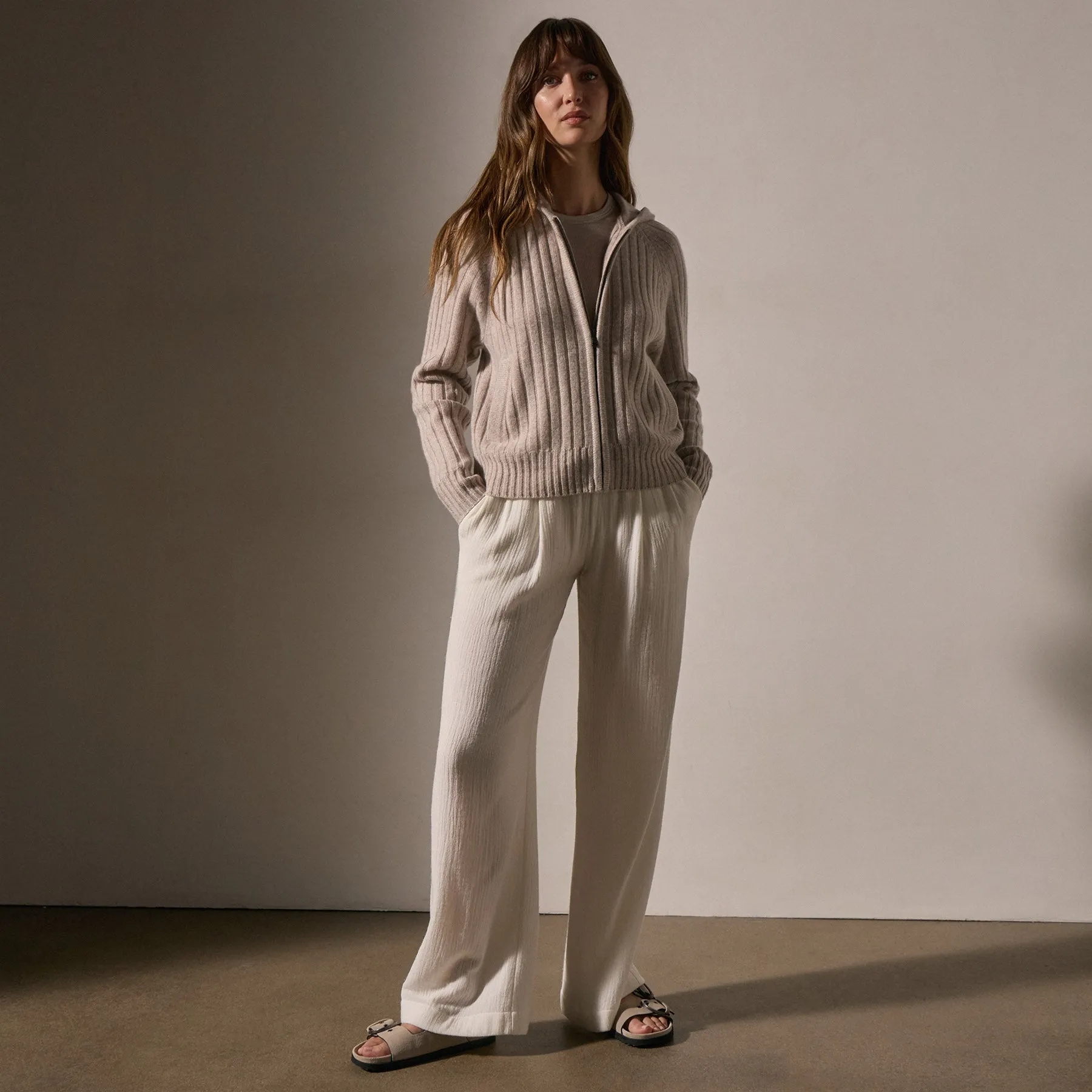 Cashmere Wide Ribbed Hoodie - Soft Beige