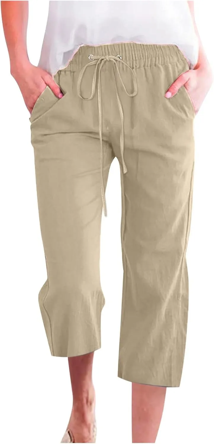 Ceboyel Womens Linen Crop Capris Drawstring Summer Pants Elastic Waist Trousers Casual Loose Summer Beach Outfits 2023