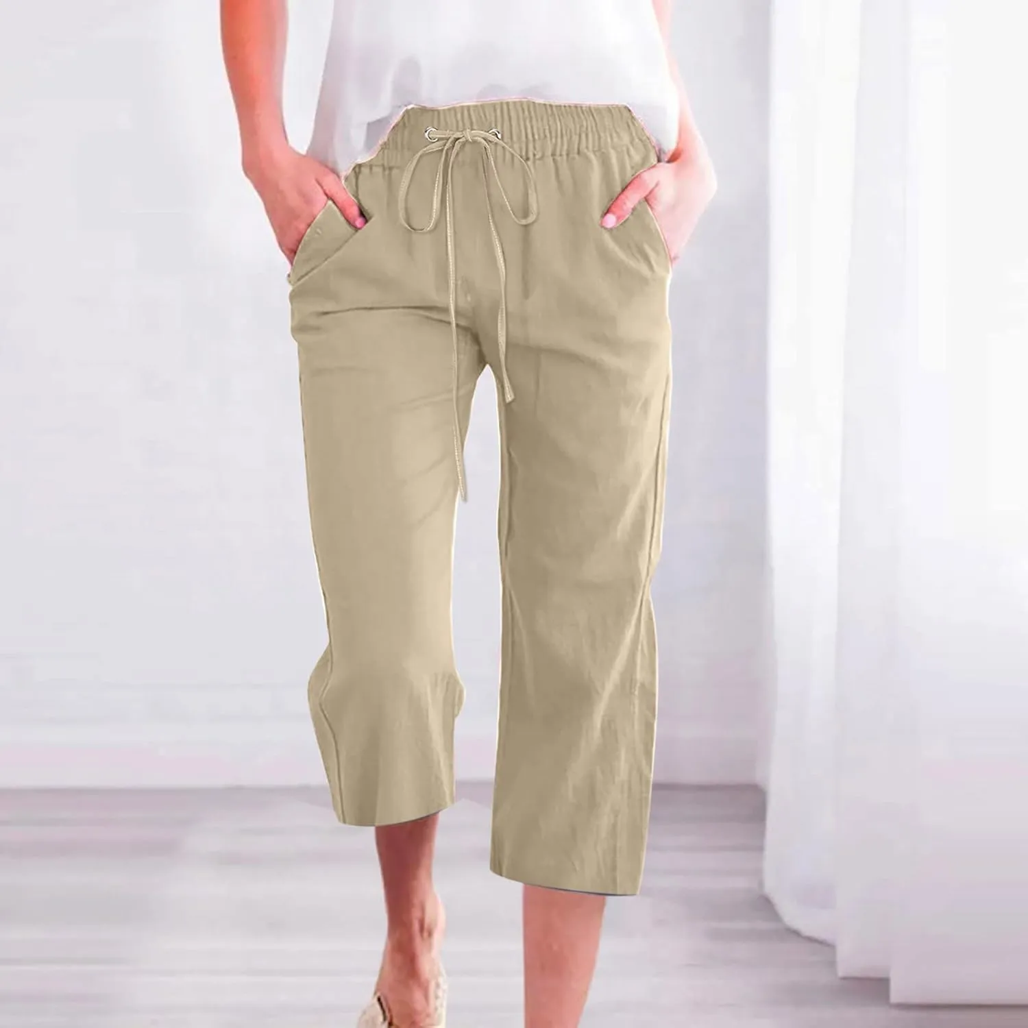 Ceboyel Womens Linen Crop Capris Drawstring Summer Pants Elastic Waist Trousers Casual Loose Summer Beach Outfits 2023