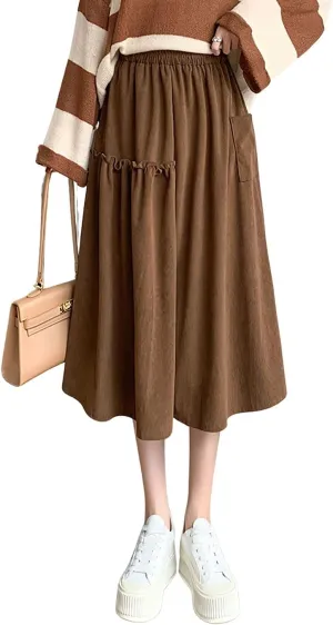 chouyatou Women's Elastic Waist Corduroy Skirts Vintage Frill A-Line Pocket Corduroy Midi Long Skirt