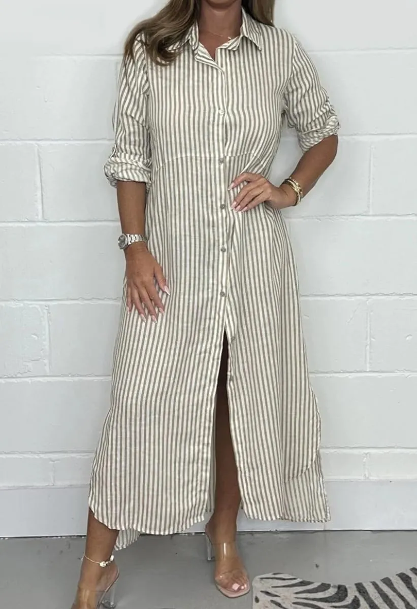 chouyatou Women's Long Sleeve Striped Shirt Dress Casual Loose Button Down Maxi Long Tunic Dress