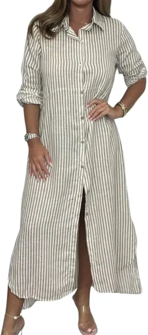 chouyatou Women's Long Sleeve Striped Shirt Dress Casual Loose Button Down Maxi Long Tunic Dress