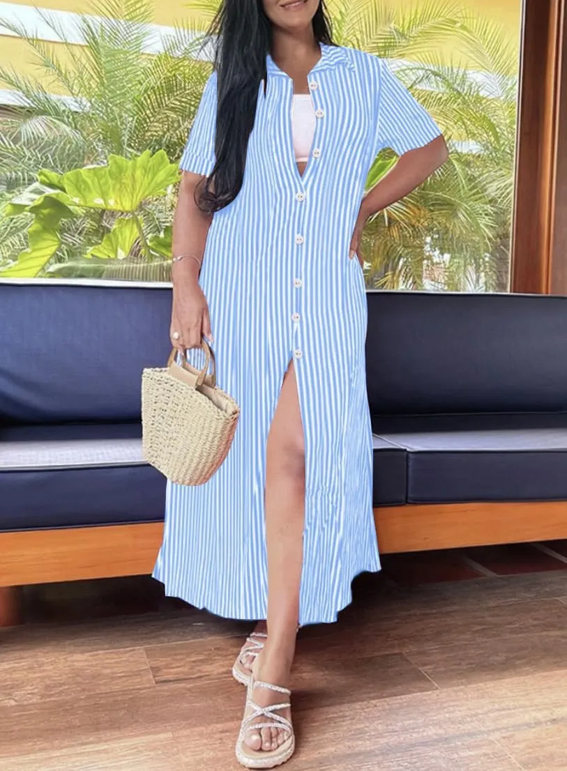 chouyatou Women's Summer Short Sleeve Striped Shirt Dress Casual Loose Button Down Maxi Long Beach Dress