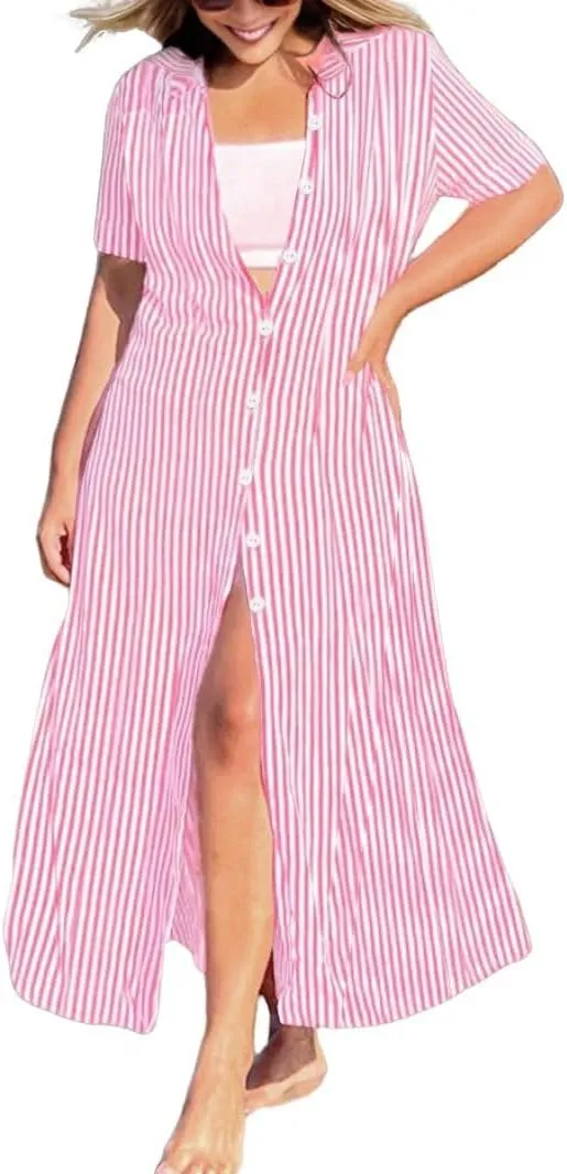 chouyatou Women's Summer Short Sleeve Striped Shirt Dress Casual Loose Button Down Maxi Long Beach Dress