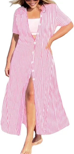 chouyatou Women's Summer Short Sleeve Striped Shirt Dress Casual Loose Button Down Maxi Long Beach Dress