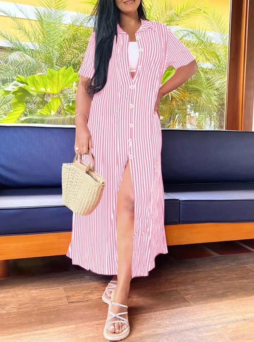 chouyatou Women's Summer Short Sleeve Striped Shirt Dress Casual Loose Button Down Maxi Long Beach Dress