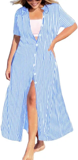 chouyatou Women's Summer Short Sleeve Striped Shirt Dress Casual Loose Button Down Maxi Long Beach Dress