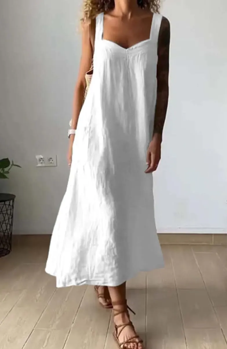 chouyatou Women's Summer Spaghetti Strap Sleeveless Linen Overall Dress Casual A-Line Midi Long Beach Dress