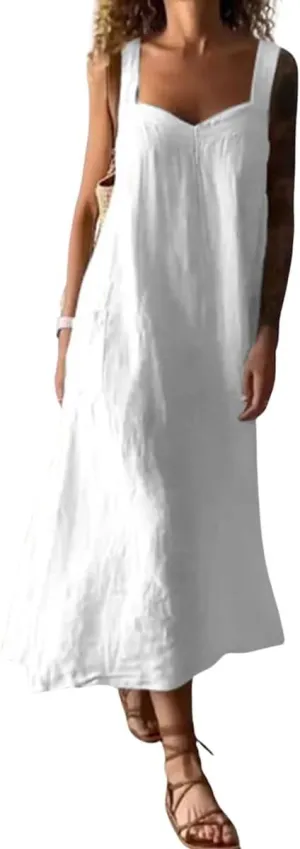 chouyatou Women's Summer Spaghetti Strap Sleeveless Linen Overall Dress Casual A-Line Midi Long Beach Dress