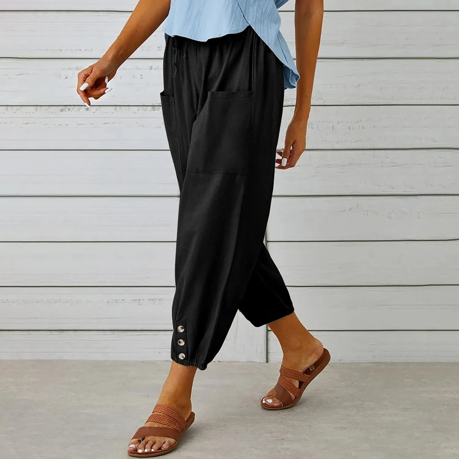 Cinch Bottom Cotton Linen Pants Women Summer Casual Beach Vacation Trousers Solid High Waist Drawstring Lounge Pant