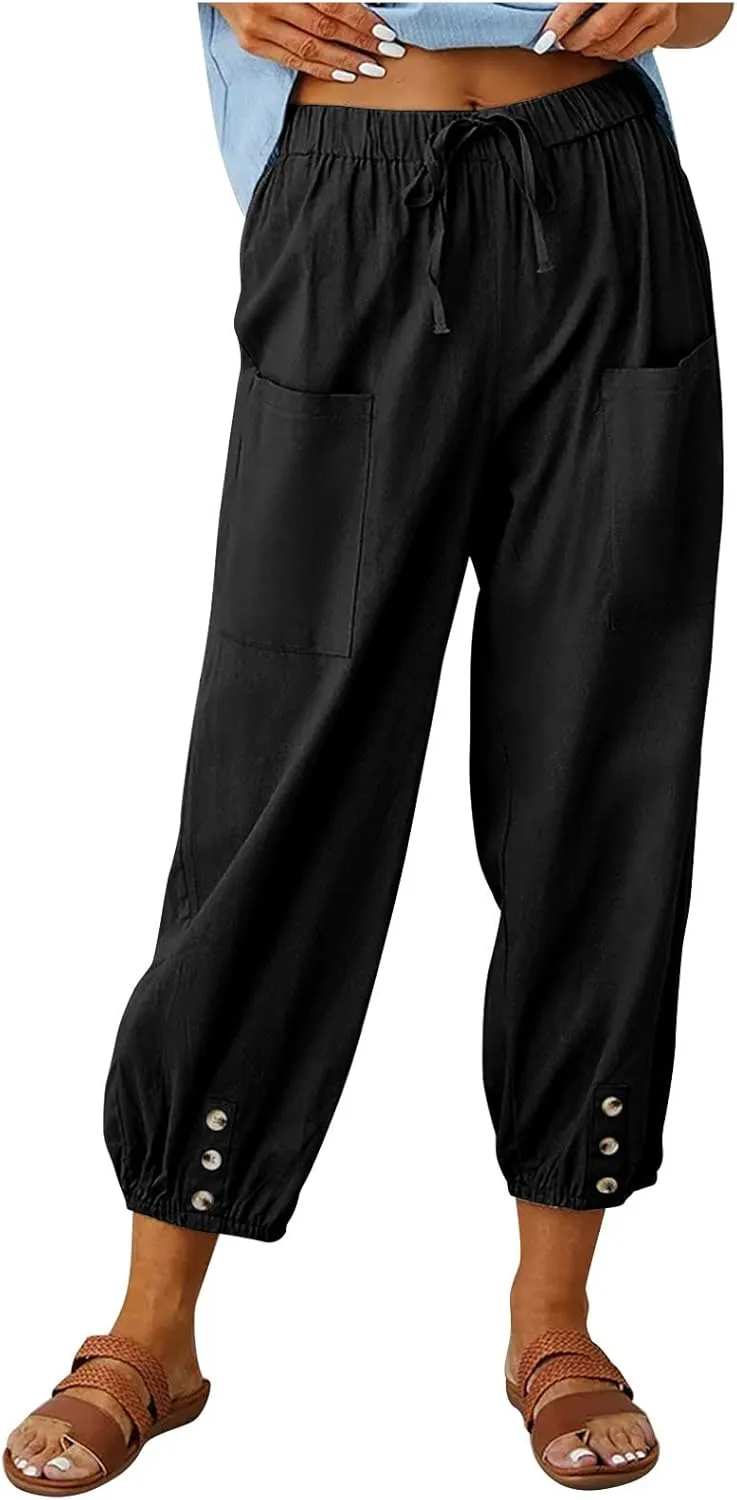 Cinch Bottom Cotton Linen Pants Women Summer Casual Beach Vacation Trousers Solid High Waist Drawstring Lounge Pant