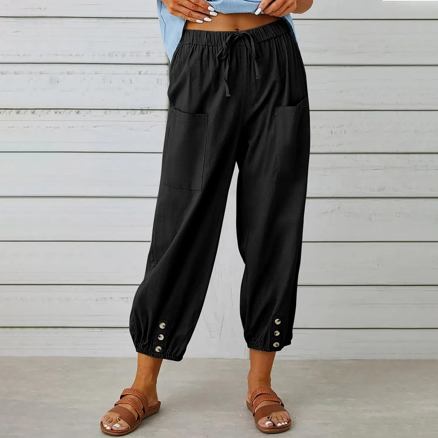 Cinch Bottom Cotton Linen Pants Women Summer Casual Beach Vacation Trousers Solid High Waist Drawstring Lounge Pant