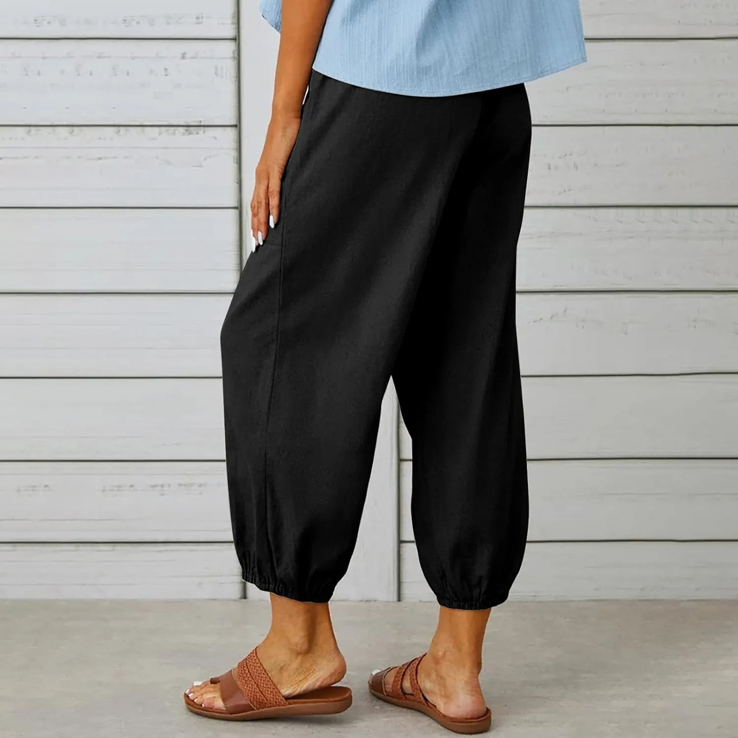 Cinch Bottom Cotton Linen Pants Women Summer Casual Beach Vacation Trousers Solid High Waist Drawstring Lounge Pant