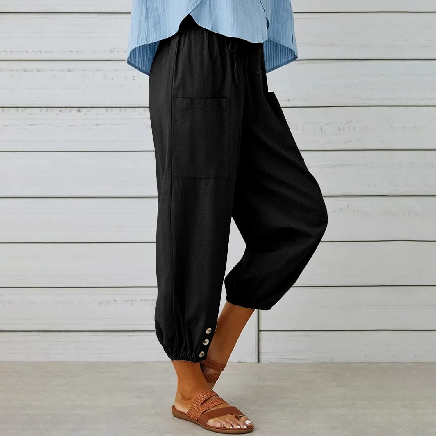 Cinch Bottom Cotton Linen Pants Women Summer Casual Beach Vacation Trousers Solid High Waist Drawstring Lounge Pant