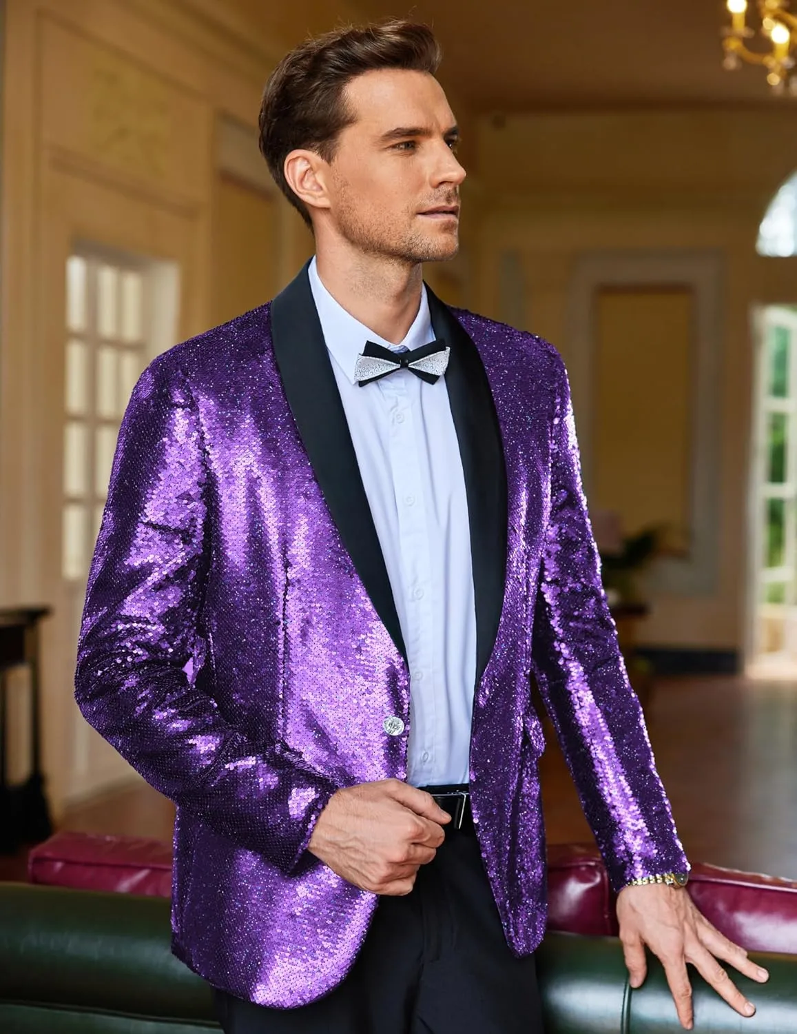 COOFANDY Men Shiny Sequin Blazer Tuxedo Party Dinner Prom One Button Suit Jacket