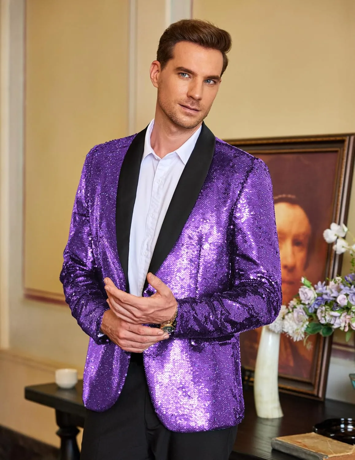COOFANDY Men Shiny Sequin Blazer Tuxedo Party Dinner Prom One Button Suit Jacket
