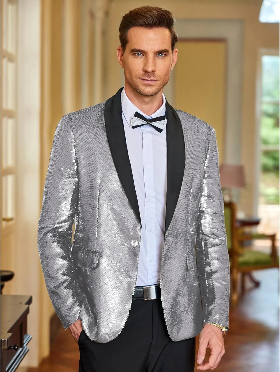 COOFANDY Men Shiny Sequin Blazer Tuxedo Party Dinner Prom One Button Suit Jacket