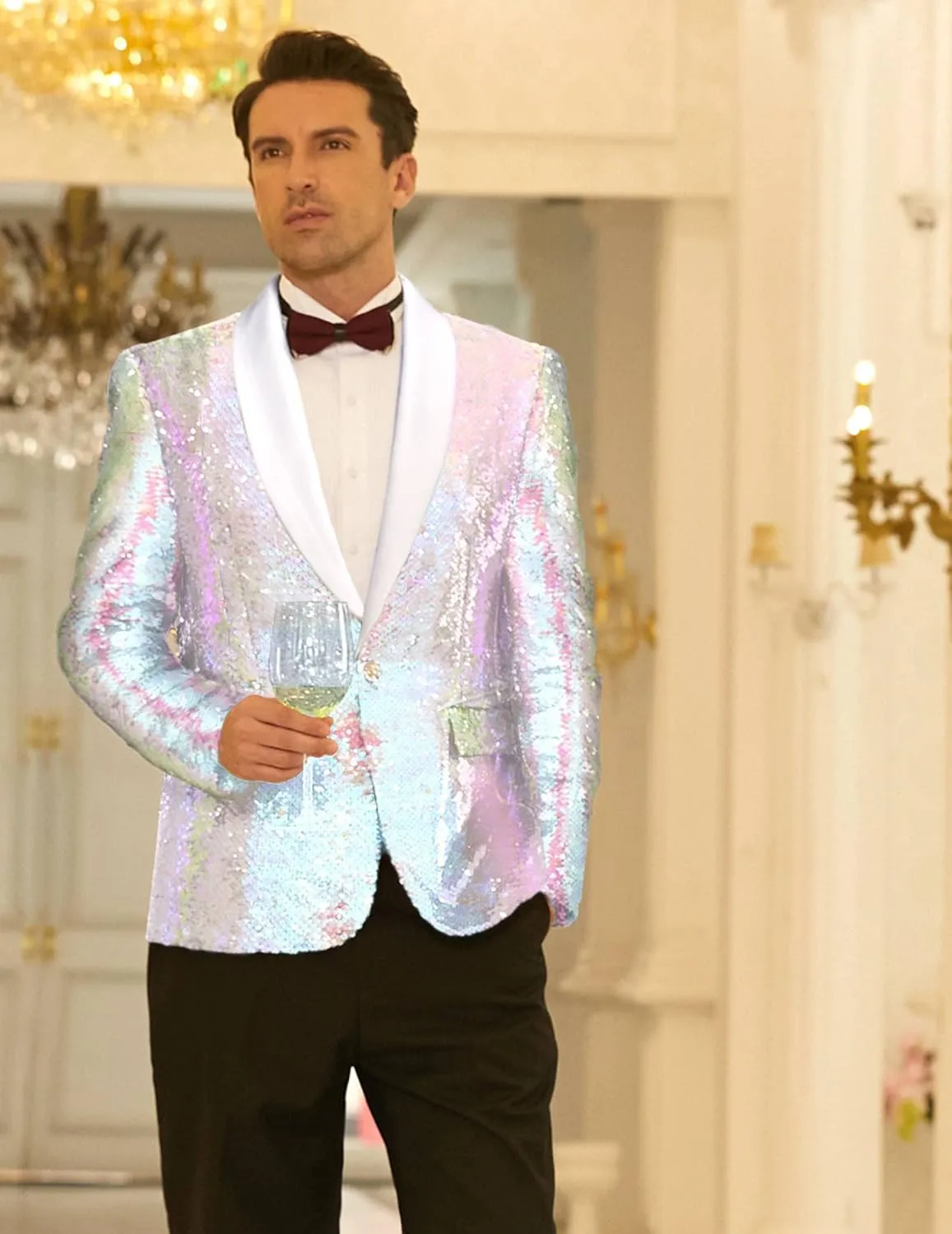 COOFANDY Men Shiny Sequin Blazer Tuxedo Party Dinner Prom One Button Suit Jacket