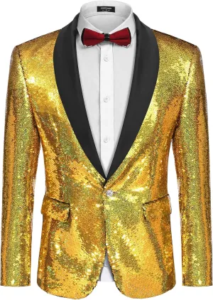 COOFANDY Men Shiny Sequin Blazer Tuxedo Party Dinner Prom One Button Suit Jacket