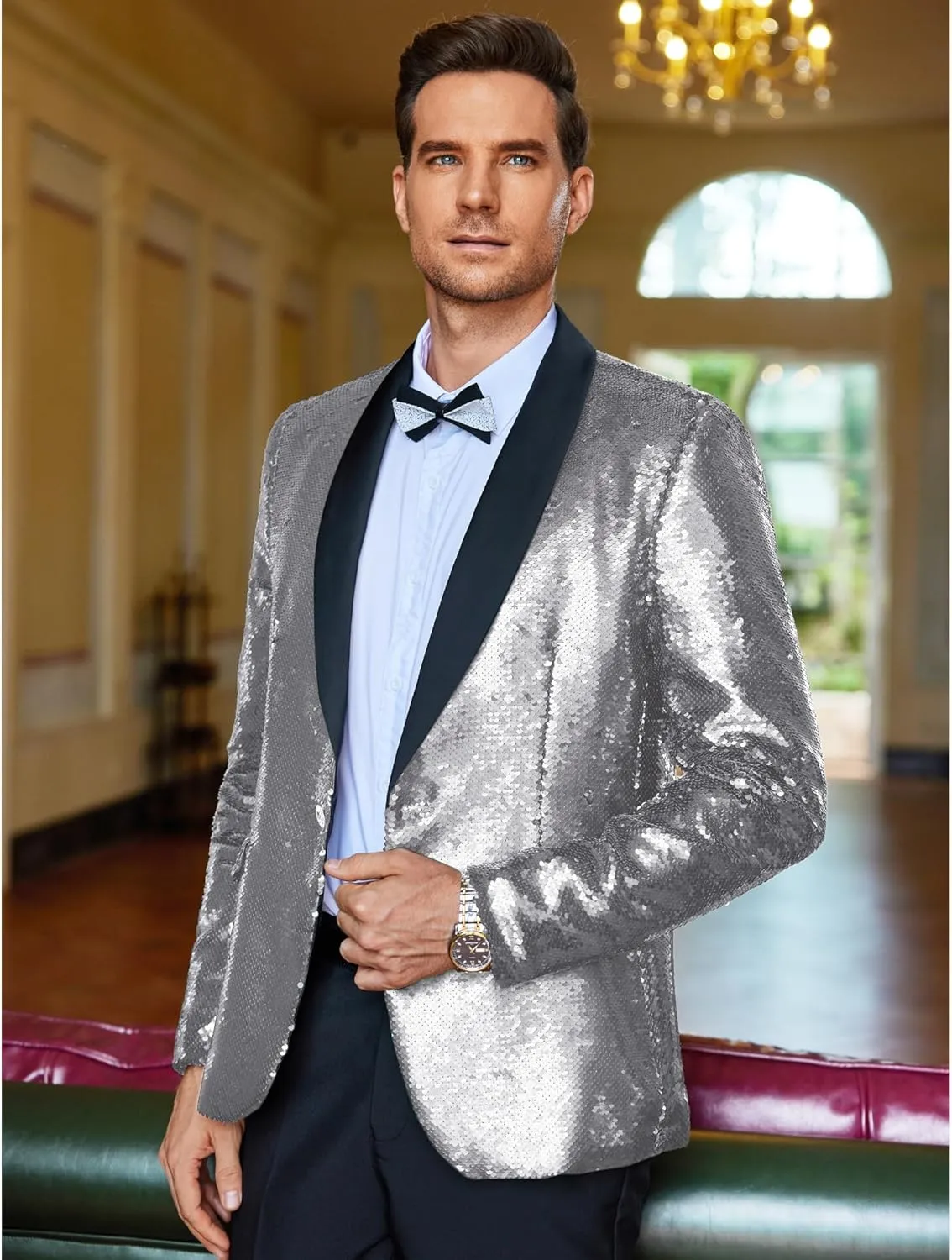 COOFANDY Men Shiny Sequin Blazer Tuxedo Party Dinner Prom One Button Suit Jacket