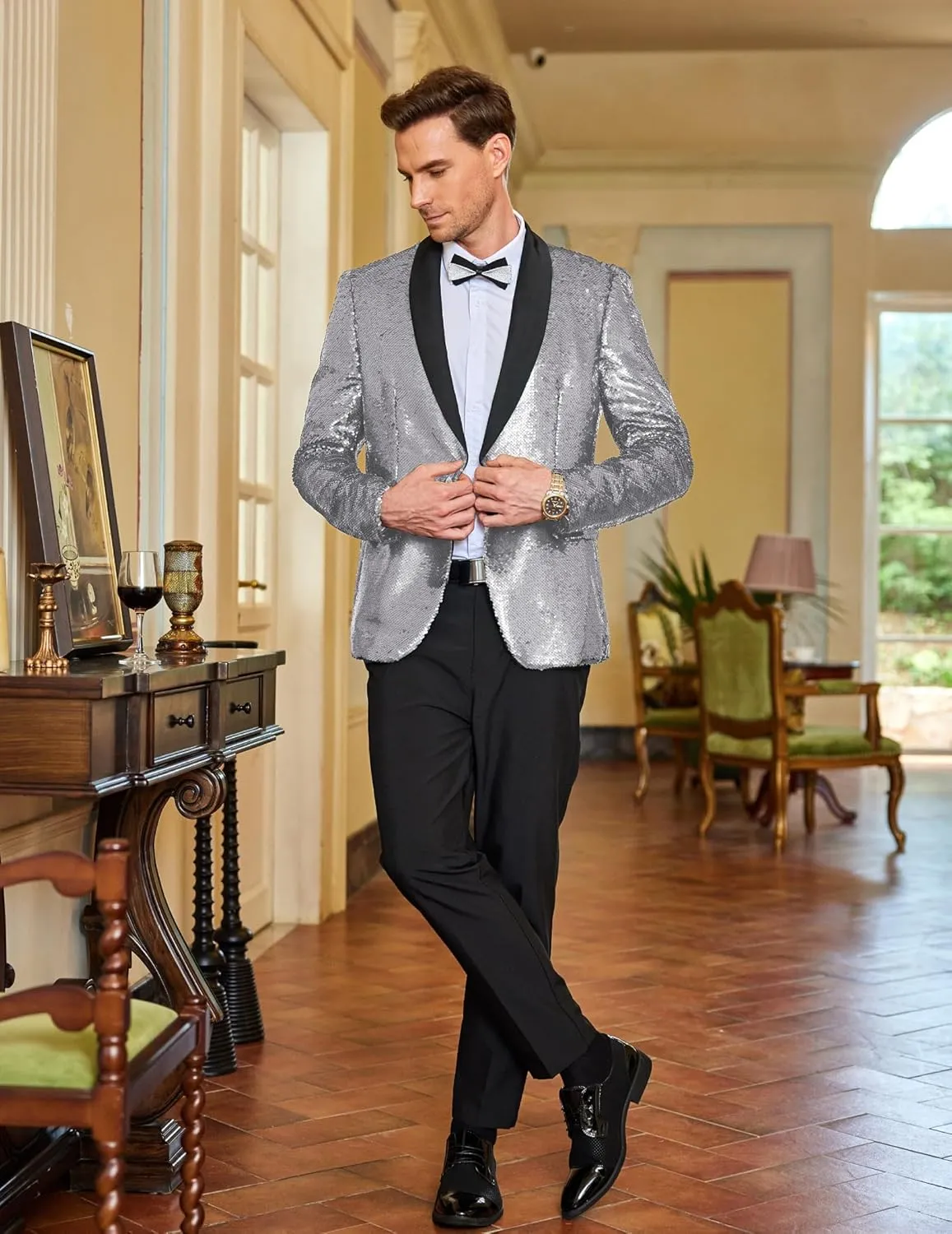 COOFANDY Men Shiny Sequin Blazer Tuxedo Party Dinner Prom One Button Suit Jacket