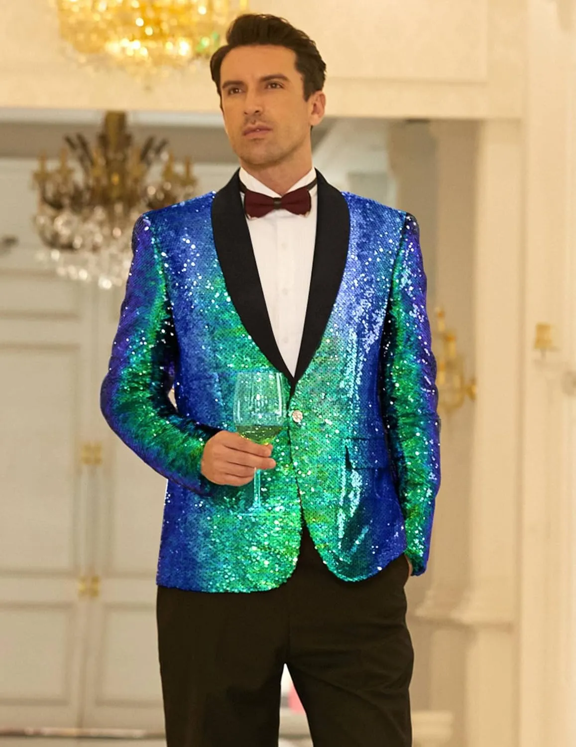 COOFANDY Men Shiny Sequin Blazer Tuxedo Party Dinner Prom One Button Suit Jacket