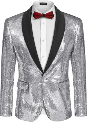 COOFANDY Men Shiny Sequin Blazer Tuxedo Party Dinner Prom One Button Suit Jacket