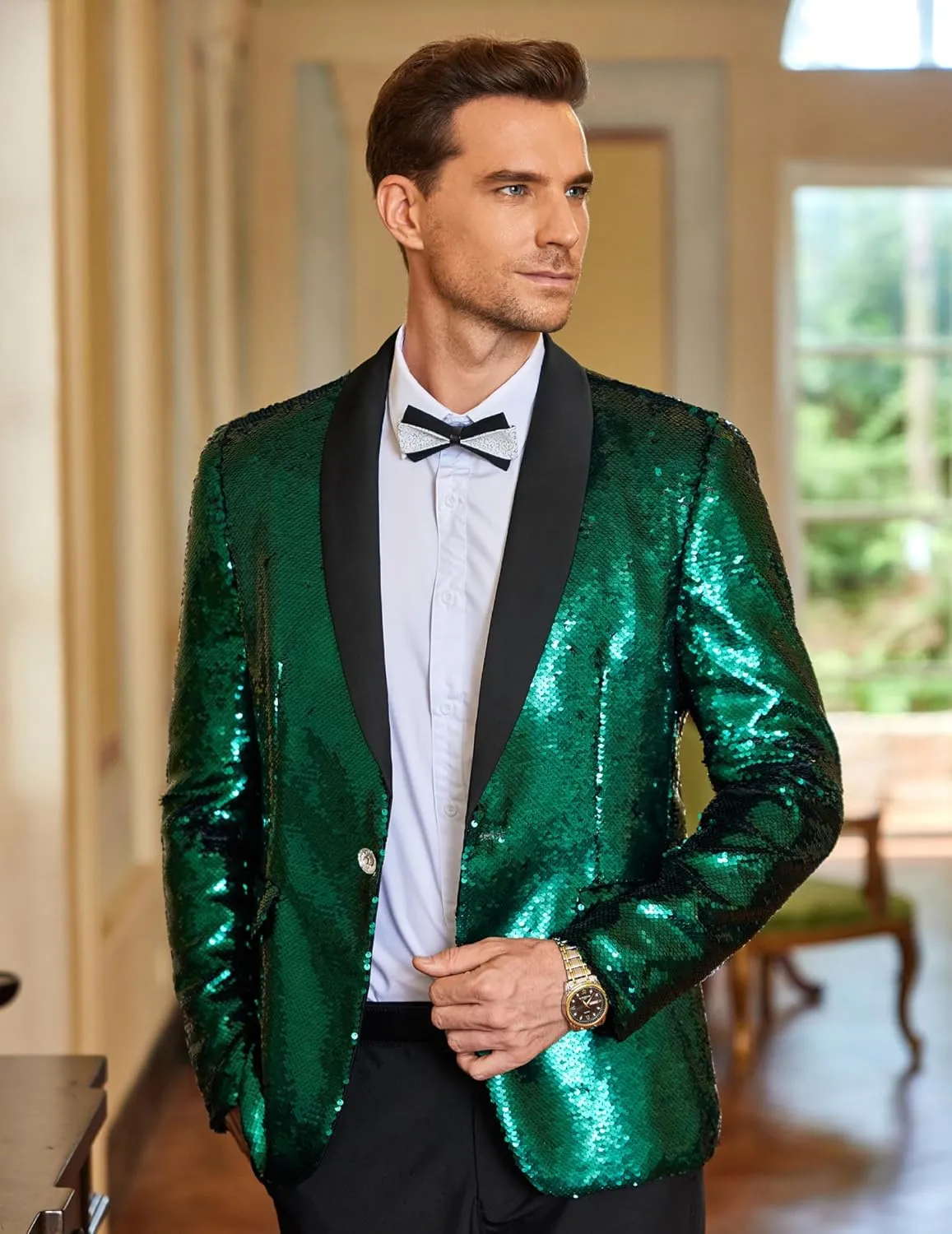 COOFANDY Men Shiny Sequin Blazer Tuxedo Party Dinner Prom One Button Suit Jacket