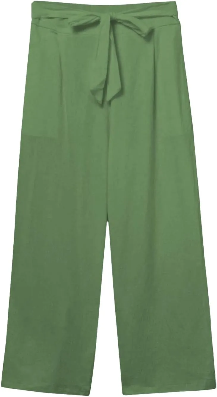 Cotton Linen Capri Pants for Women High Elastic Waisted Drawstring Cropped Wide Leg Linen Palazzo Trouser with Pocket