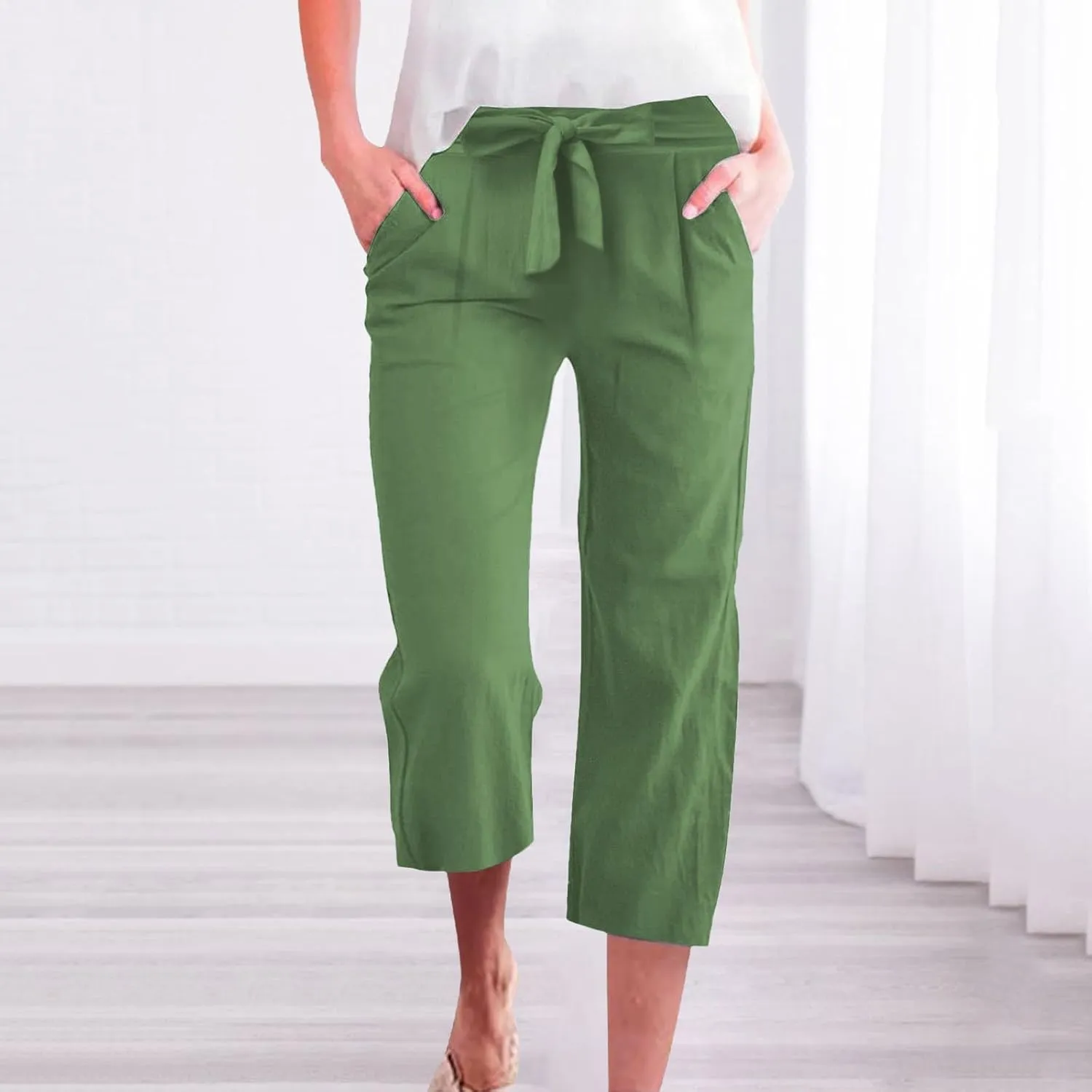 Cotton Linen Capri Pants for Women High Elastic Waisted Drawstring Cropped Wide Leg Linen Palazzo Trouser with Pocket