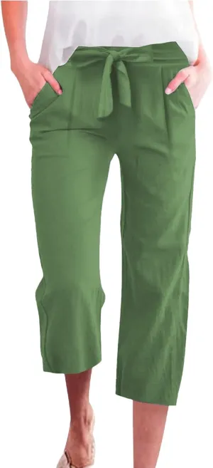 Cotton Linen Capri Pants for Women High Elastic Waisted Drawstring Cropped Wide Leg Linen Palazzo Trouser with Pocket