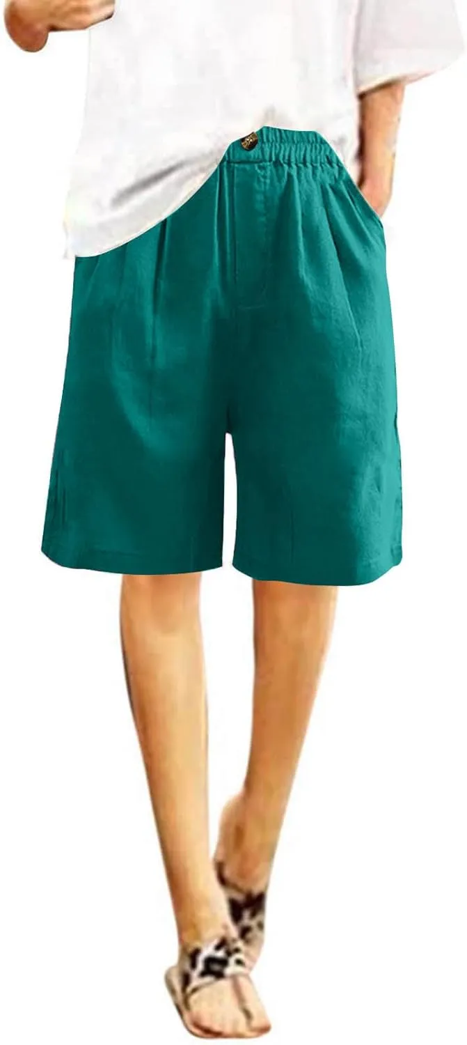 Cotton Linen Pants for Women Half Shorts Pants Summer Elastic Waist Buttons Solid Color Casual Pockets Pants