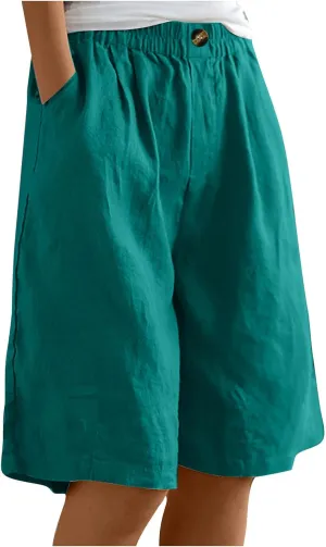 Cotton Linen Pants for Women Half Shorts Pants Summer Elastic Waist Buttons Solid Color Casual Pockets Pants